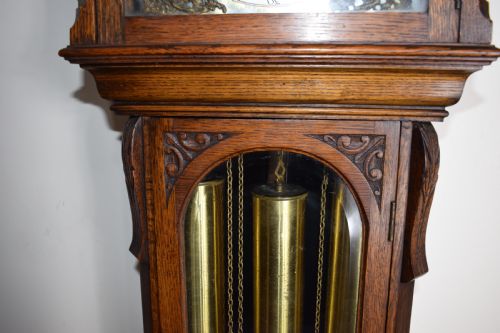 fig 1. Triple Weight Westminster Chiming Musical Grandmother or Small Grandfather Oak Longcase Clock