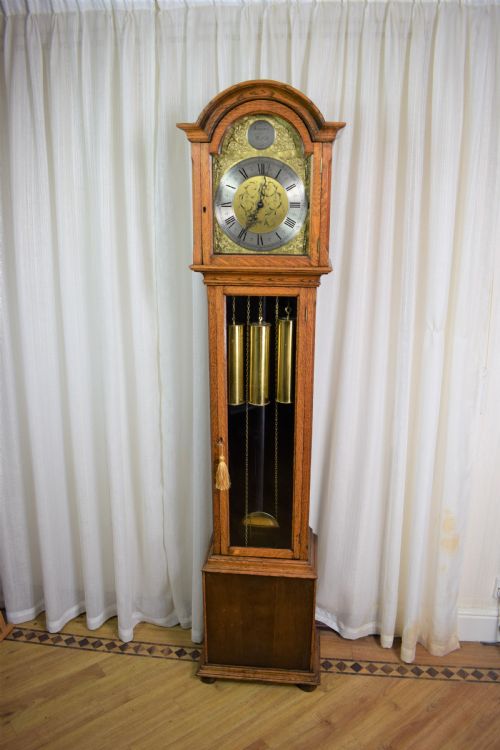 Small Light/honey Oak Triple Weight Westminster Musical Chiming Grandfather or Grandmother Longcase Clock - 73.75in High