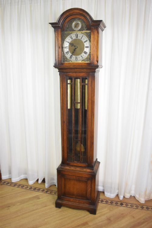 Small Good Quality Quarter Chiming Musical Triple Tune Triple Weight Grandfather or Grandmother (74in) Oak Cased 8 Day Longcase Clock