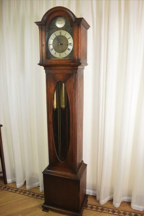 Small (Under 70in) Grandmother or Grandfather Oak Longcase Triple Weight Musical Quarter Chiming Clock with Underslung Rheingold-gongs