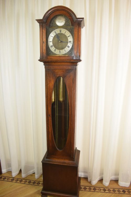Small (70in) Grandmother or Grandfather Oak Longcase Triple Weight Peerless Musical Quarter Chiming Clock with Long Underslung Rheingold-gongs