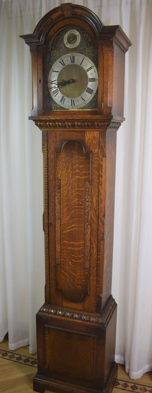 Good Quality Quarter Chiming Triple Musical Tune Triple Weight German  8 Day Movement in a Very Attractive English Grandfather or Grandmother Oak Longcase Clock