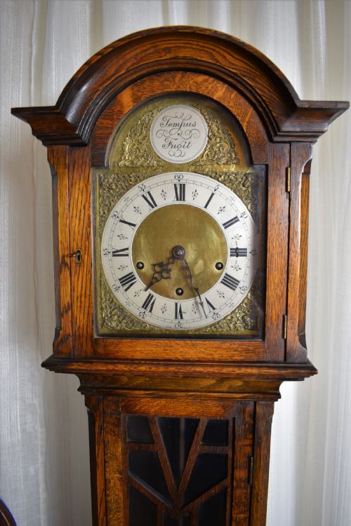 fig 1. Small (65.5in) English Quarter Chiming Musical Light Oak Grandmother/Grandfather Longcase Clock with Astragal Glazed Long Trunk  Door Enfield Spring 8 Day Movement.