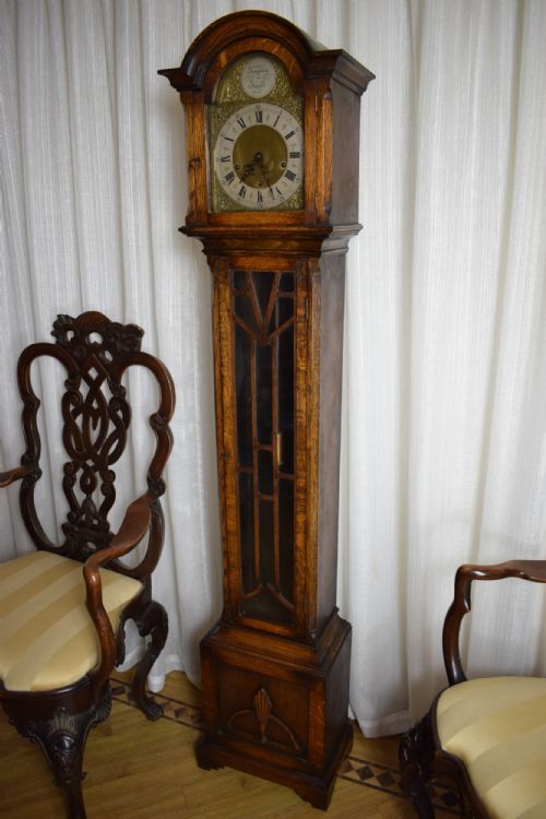 Small (65.5in) English Quarter Chiming Musical Light Oak Grandmother/grandfather Longcase Clock with Astragal Glazed Long Trunk  Door Enfield Spring 8 Day Movement.
