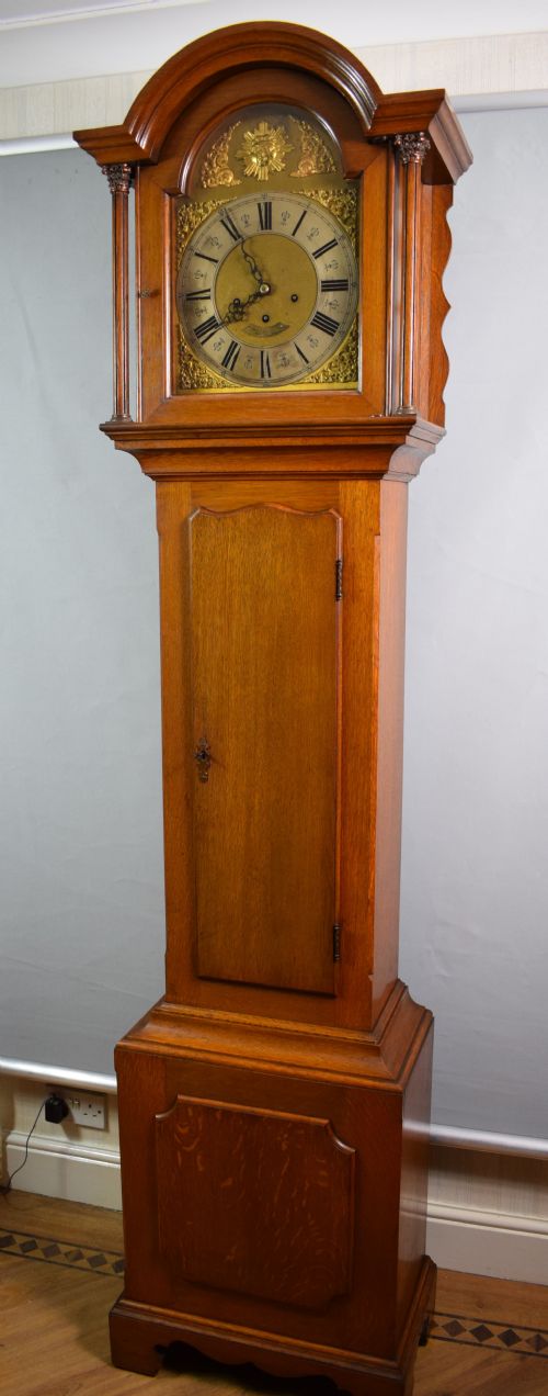 fig 1. Elegant & Well Proportioned Impressive Westminster Chiming 19th C. Oak Grandfather Longcase Clock By Waite & Son Cheltenham