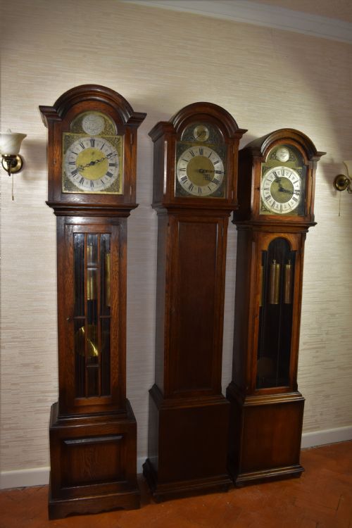 fig 1. Triple Weight 1920's Mellow Chiming Westminster Musical Glazed Oak Grandmother / Grandfather Longcase Clock