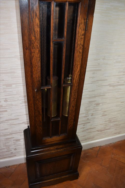 fig 1. Triple Tune, Triple Weight Oak Musical Chiming Grandmother or Grandfather Longcase Clock with  Astragal Glazed Trunk Door