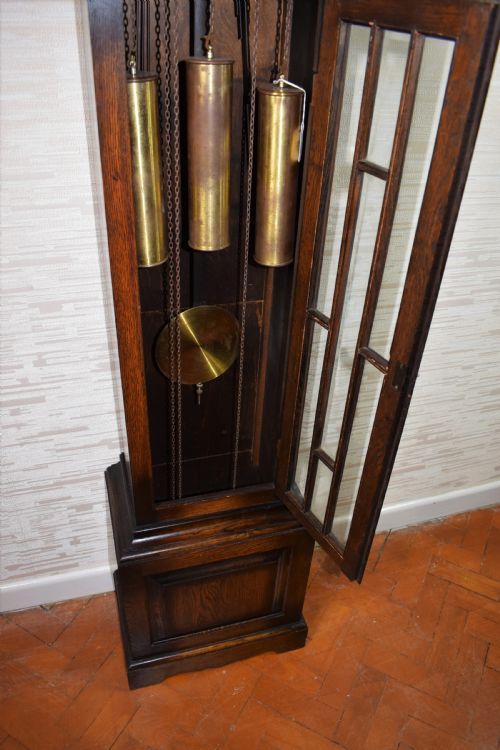 fig 2. Triple Tune, Triple Weight Oak Musical Chiming Grandmother or Grandfather Longcase Clock with  Astragal Glazed Trunk Door