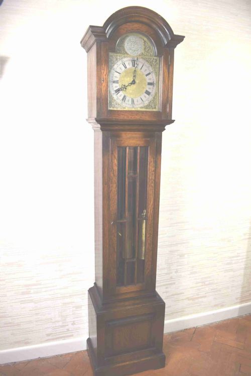 Triple Tune, Triple Weight Oak Musical Chiming Grandmother or Grandfather Longcase Clock with  Astragal Glazed Trunk Door