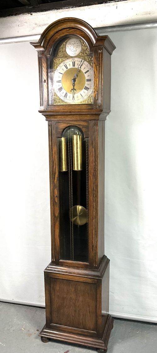 fig 1. Good Quality 1920’s Westminster Chiming Mellow Tune Musical Grandmother/Grandfather Weight Driven Oak Longcase Clock