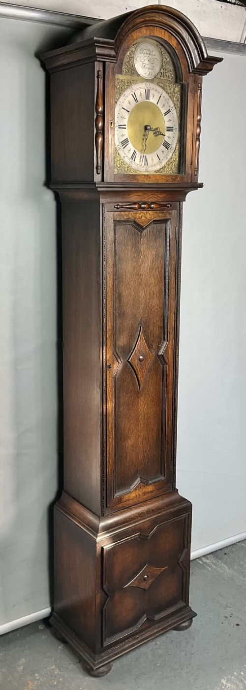 English Oak Longcase Clock Playing Weight Driven Quarter Westminster Musical Chimes - Grandmother/grandfather Size