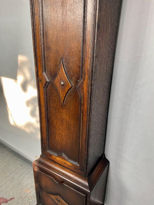 fig 1. English Oak Longcase Clock Playing Weight Driven Quarter Westminster Musical Chimes - Grandmother/Grandfather Size