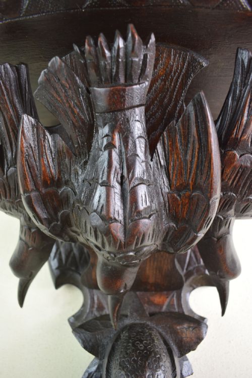 Late 19th/early 20th C Black Forest Carved Stained Pine Wall or Clock Bracket Featuring Birds, Fruit & Foliage