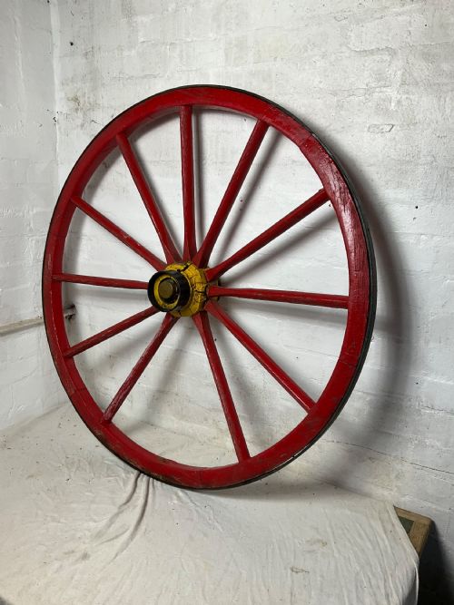 19th C. Fire Engine or Agricultural Horse & Cart Painted Wooden Wheel with Cast Metal Rim