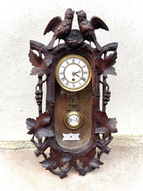 Miniature 19thc Black Forest Carved Wall Clock - 8 Day - Love Birds