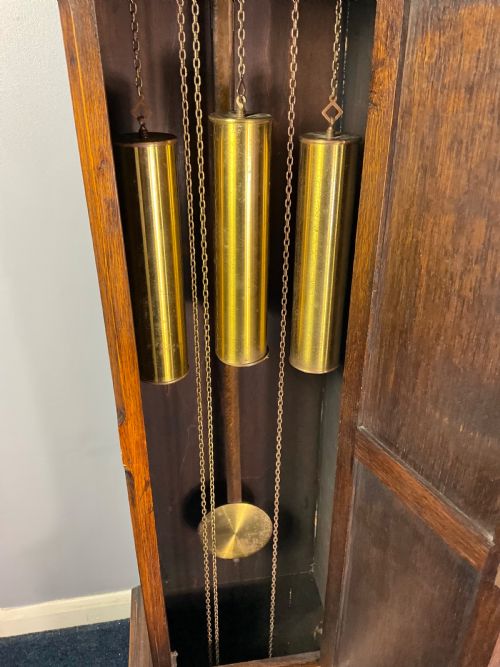 fig 2. 1930s Weight Driven Westminster Chiming Musical Oak Grandmother Grandfather Longcase Clock - Boots Drug Company Interest