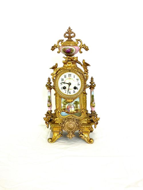 French Gilt & Porcelain Mantel Clock with Bird Decoration