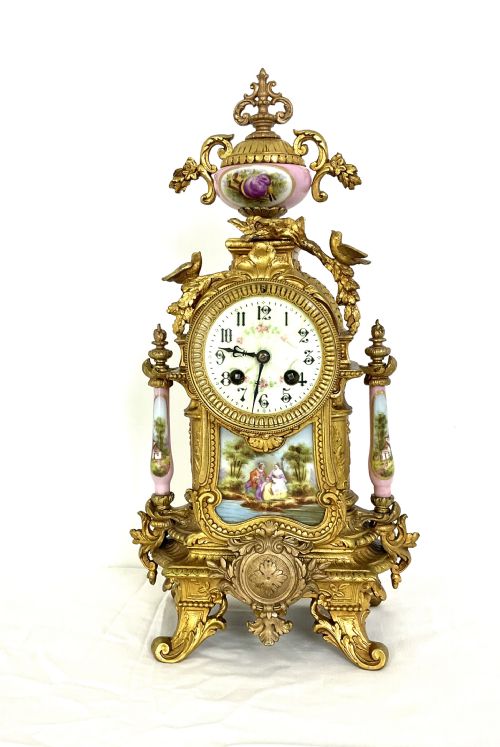 fig 1. French Gilt & Porcelain Mantel Clock with Bird Decoration