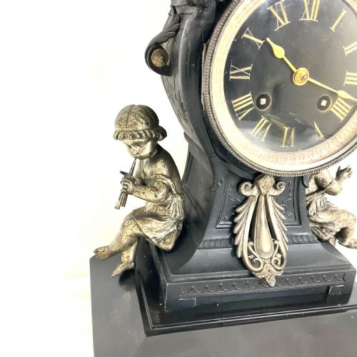 fig 1. 19th C. Cast Metal & Black Slate Mantel Clock With  Putti Musicians French 8 Day 