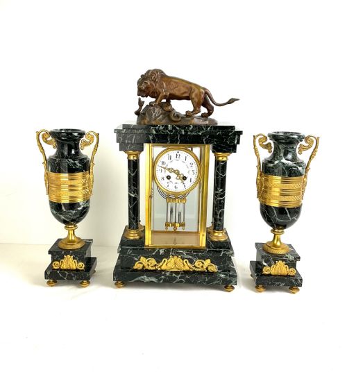Stunning 19th Century Signed Bronze, Ormolu & Marble Clock Garniture