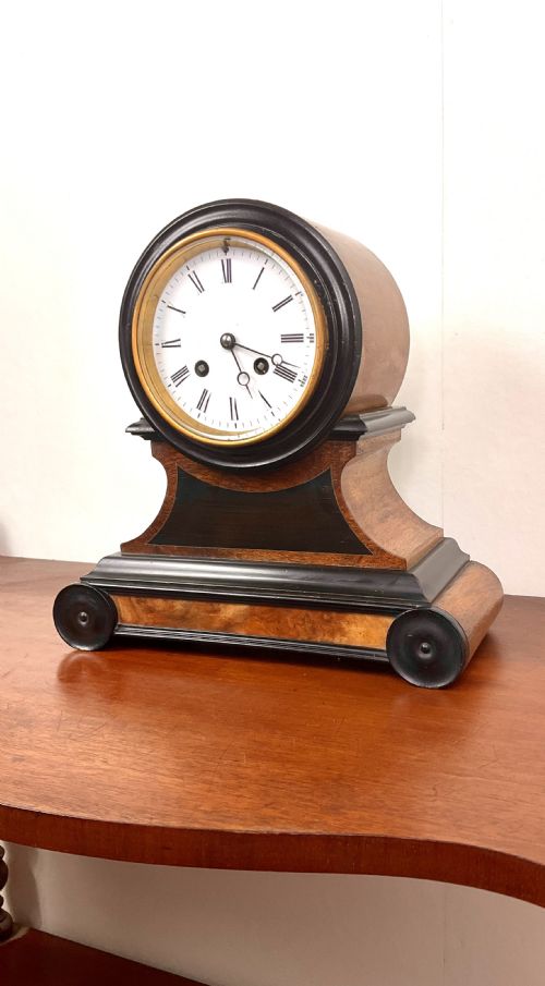 19th C. Walnut Mantel Clock with Enamel Dial