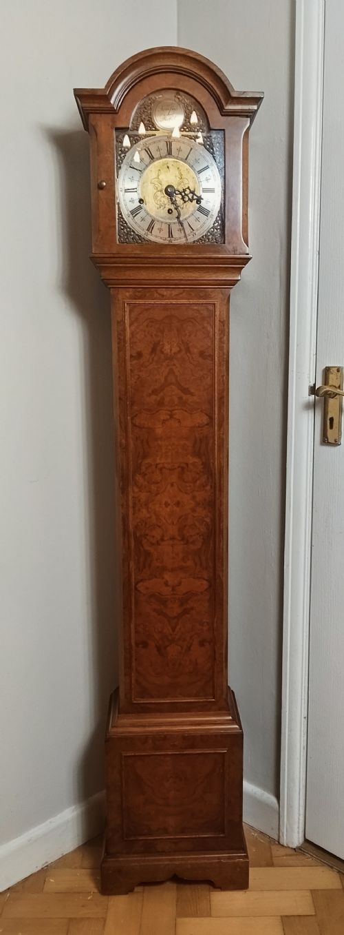 BURR WALNUT ELLIOTT GRANDMOTHER LONGCASE CLOCK