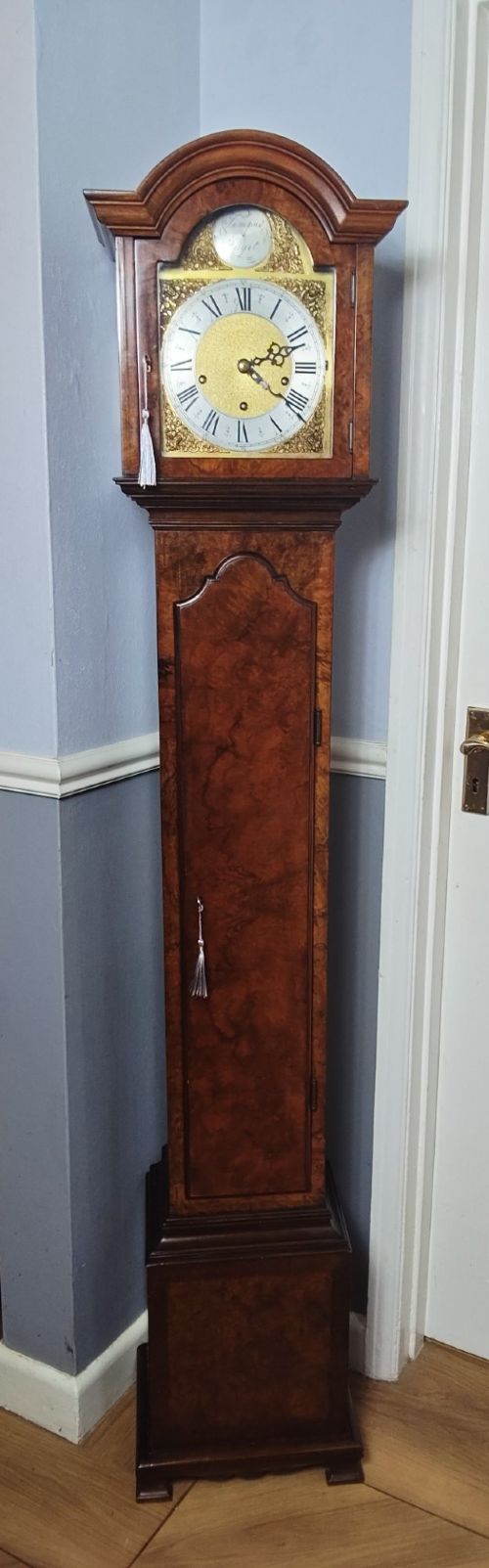 A tall slim figured walnut grandmother longcase clock featuring an arched hood, brass and silvered dial, and a polished wood trunk. View XV