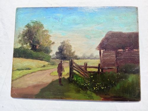 Antique Landscape with Figure Oil on Wooden Board English School