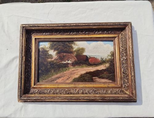 Oil on Card Circa 1900 Thatched Cottage English School