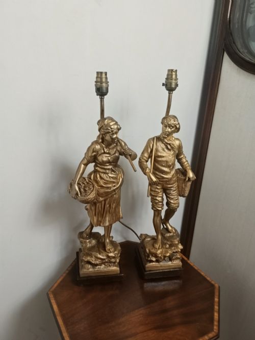 E Rousseau Pair of Gilt Figural Table Lamps