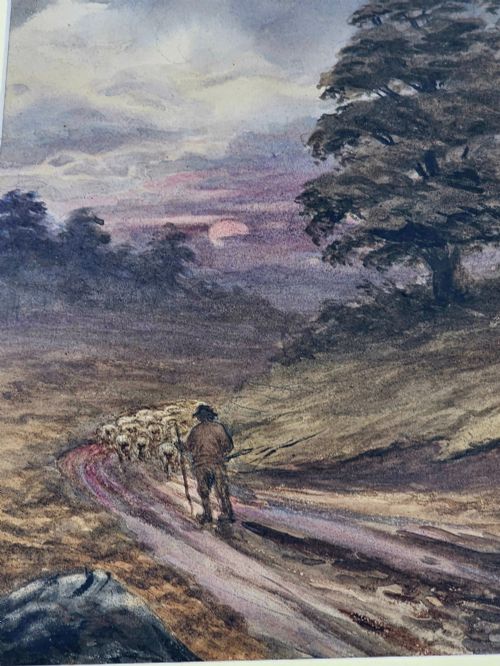 fig 2. A framed watercolour painting depicting a shepherd driving a flock of sheep along a dirt track under a purple twilight sky.
