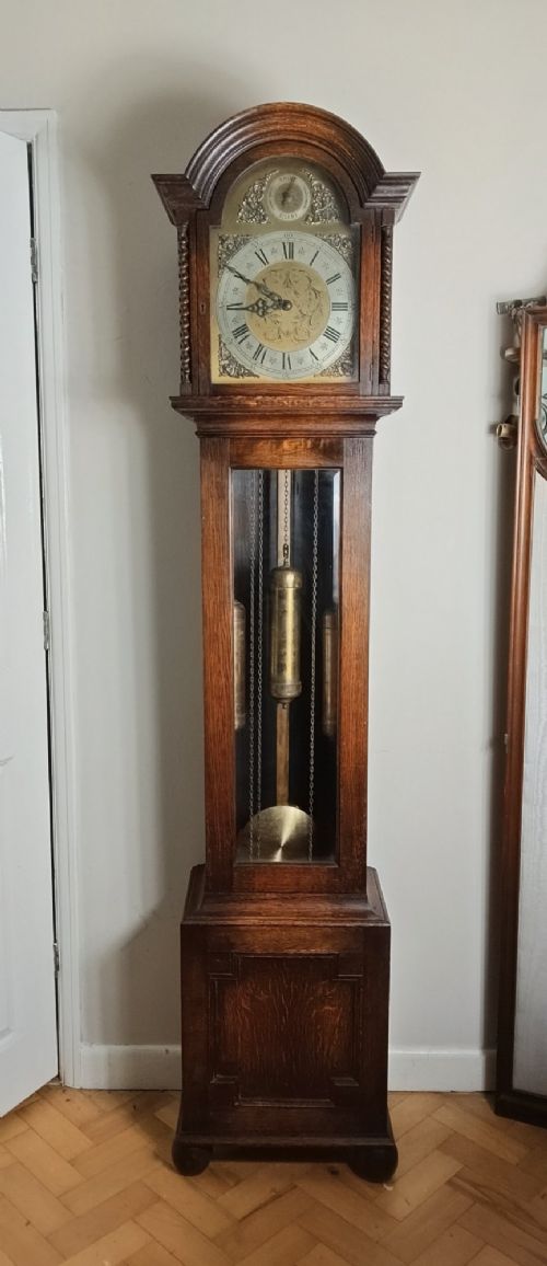 1920s Quarter Chiming Oak Grandmother Longcase Clock