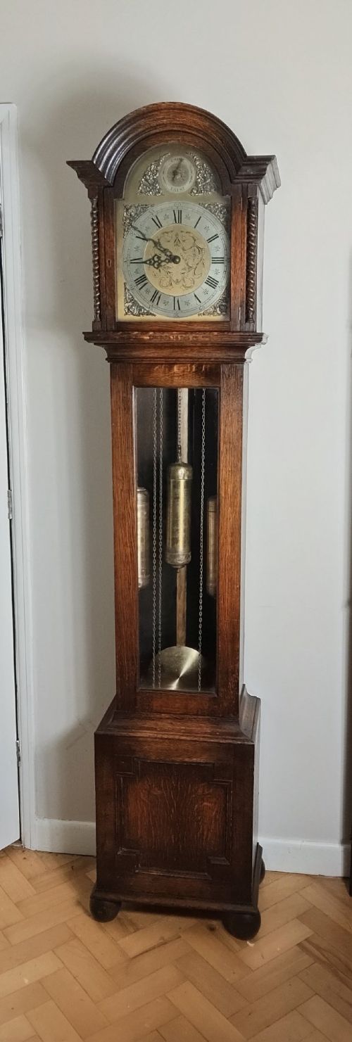A 1920s dark oak grandmother longcase clock featuring an arched top hood, barley twist columns, brass dial, and glazed door displaying weights. View XIV