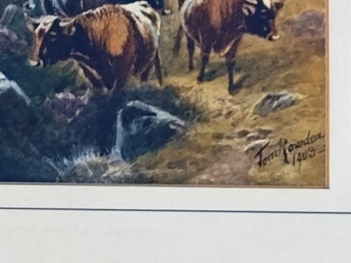 fig 1. A framed horizontal watercolour painting depicting cattle and sheep grazing in a rugged moorland landscape under a cloudy sky.
