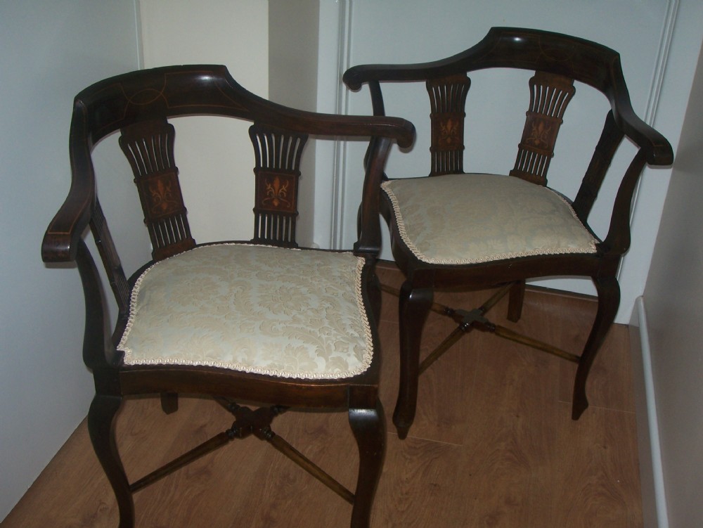 PAIR OF EDWARDIAN INLAID MAHOGANY CORNER CHAIRS