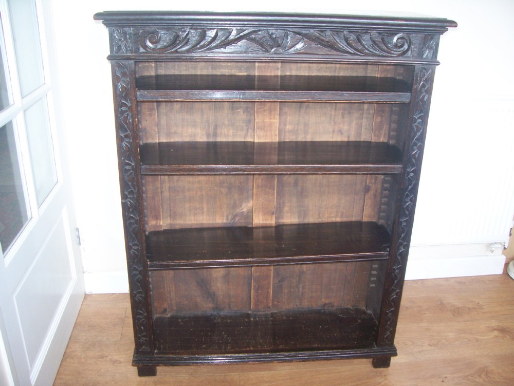 VICTORIAN CARVED OAK OPEN BOOKCASE