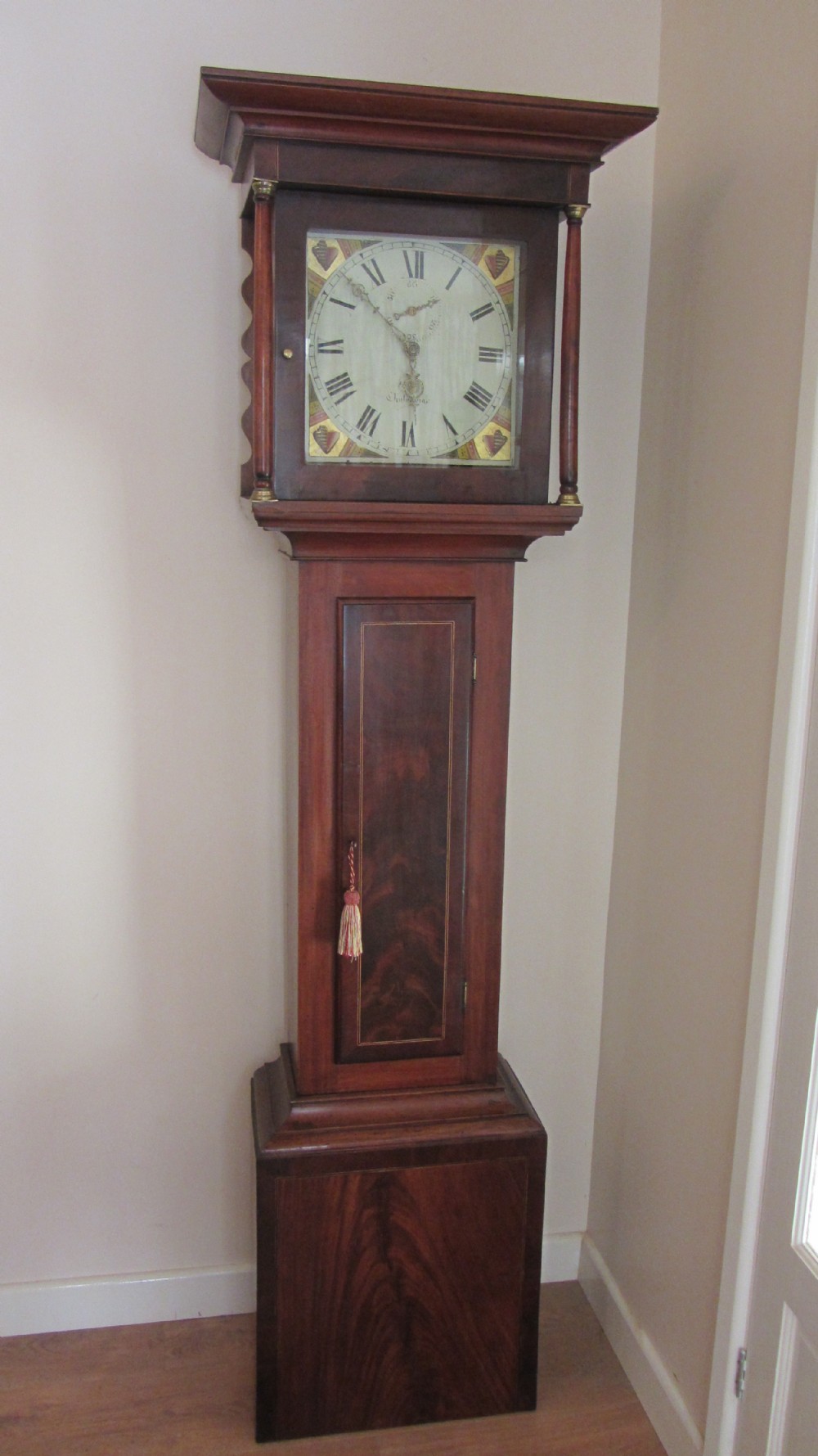 MID 19TH C. FLAME MAHOGANY GRANDFATHER CLOCK