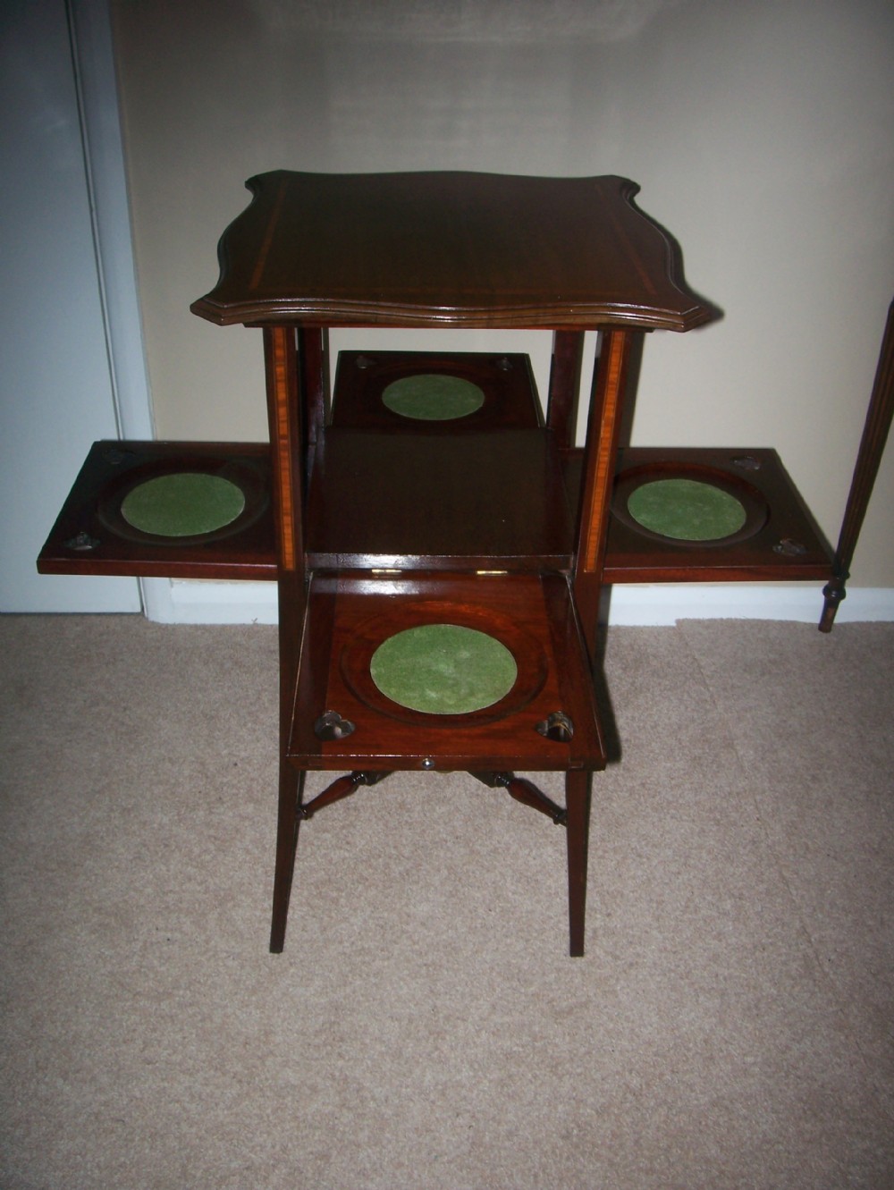EDWARDIAN TEA TABLE WITH 4 FOLD DOWN SHELVES 