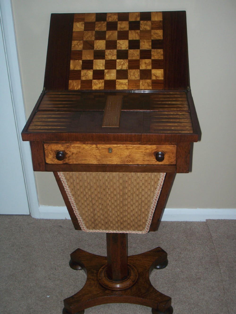 C19TH ROSEWOOD GAMES CHESS BACKGAMMON CRIBBAGE SEWING TABLE