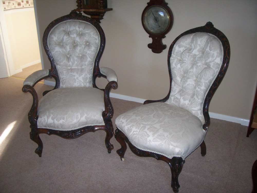 PAIR C1860 UPHOLSTERED LADIES & GENTS WALNUT SHOWFRAME CHAIRS 