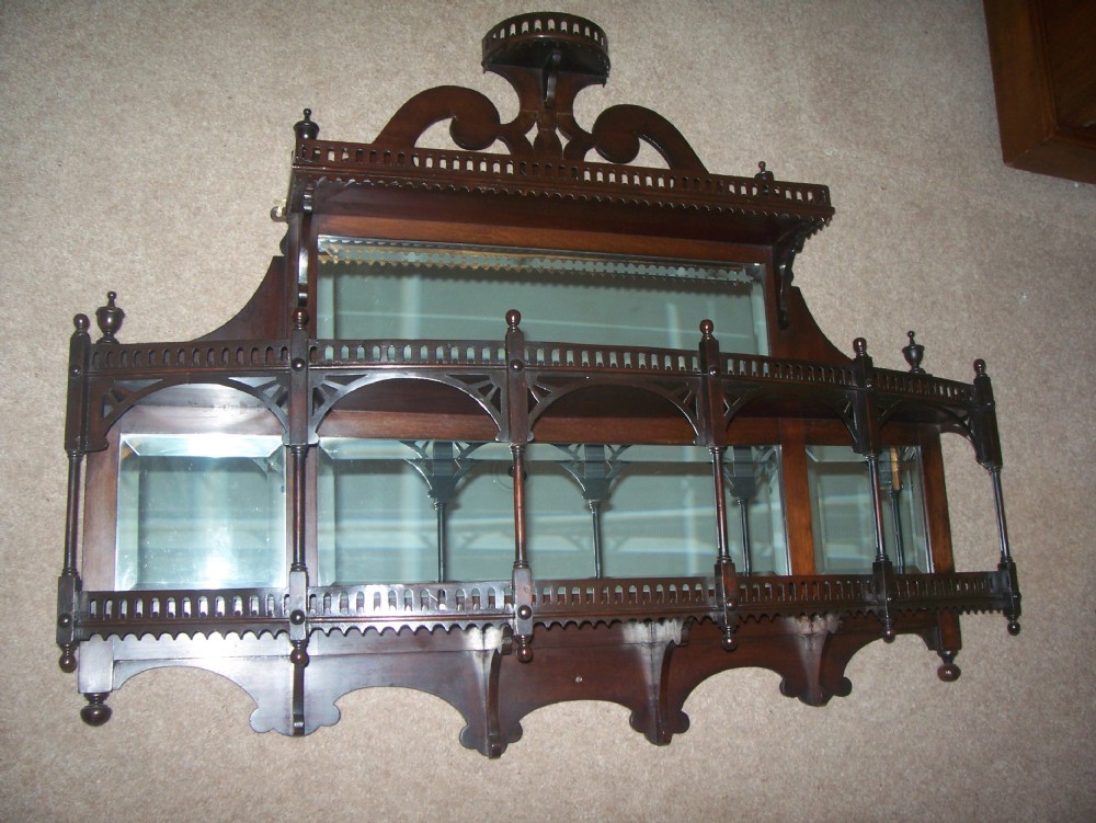 VICTORIAN MAHOGANY GALLERIED WALL DISPLAY SHELVES WITH MIRROR BACK