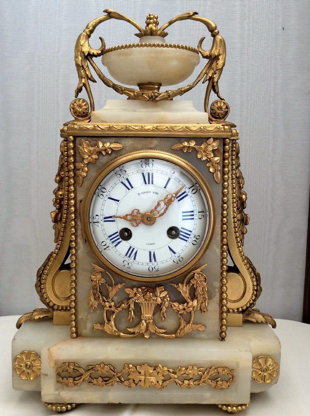 GILT ORMOLU & ALABASTER MANTLE CLOCK BY RAINGO FRES PARIS. circa 1870