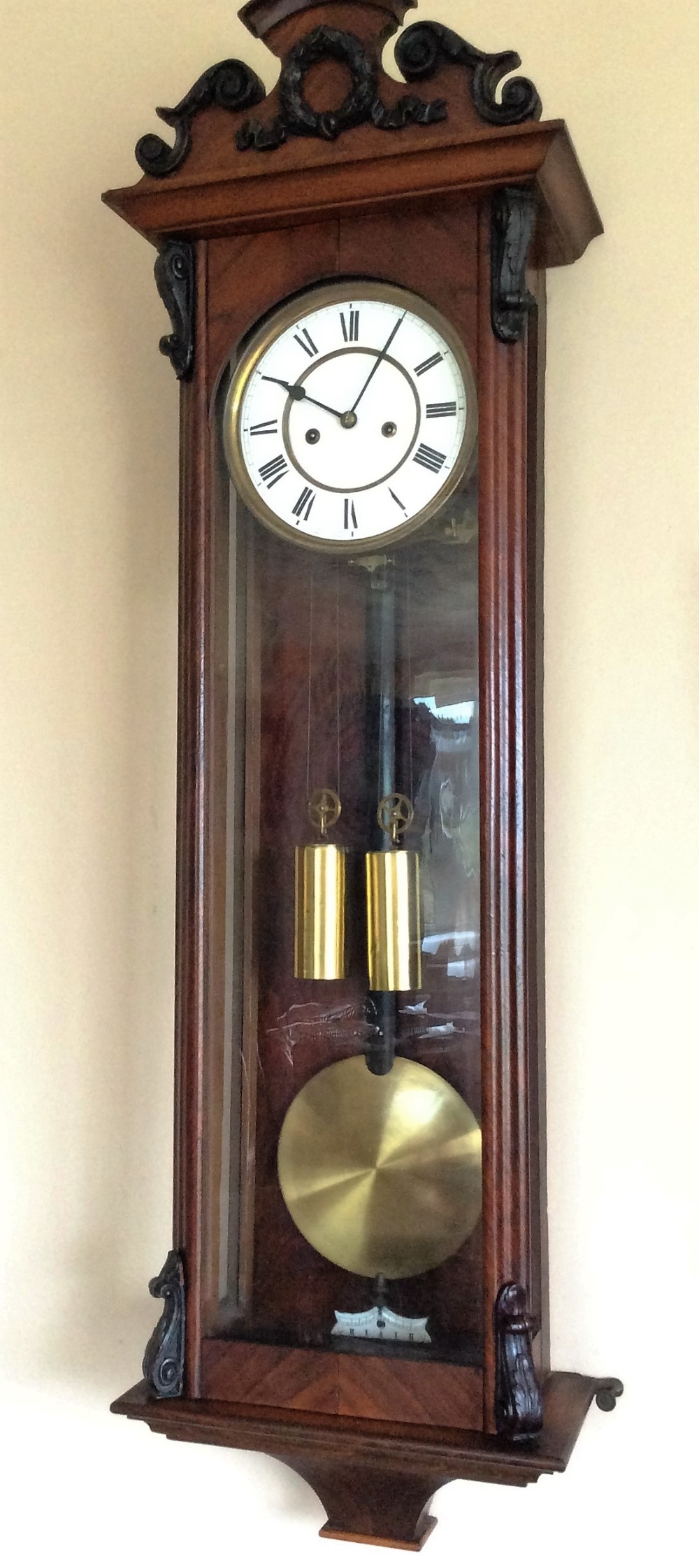 Late 19th Century Twin Weight Vienna Regulator Style Mahogany Wall Clock