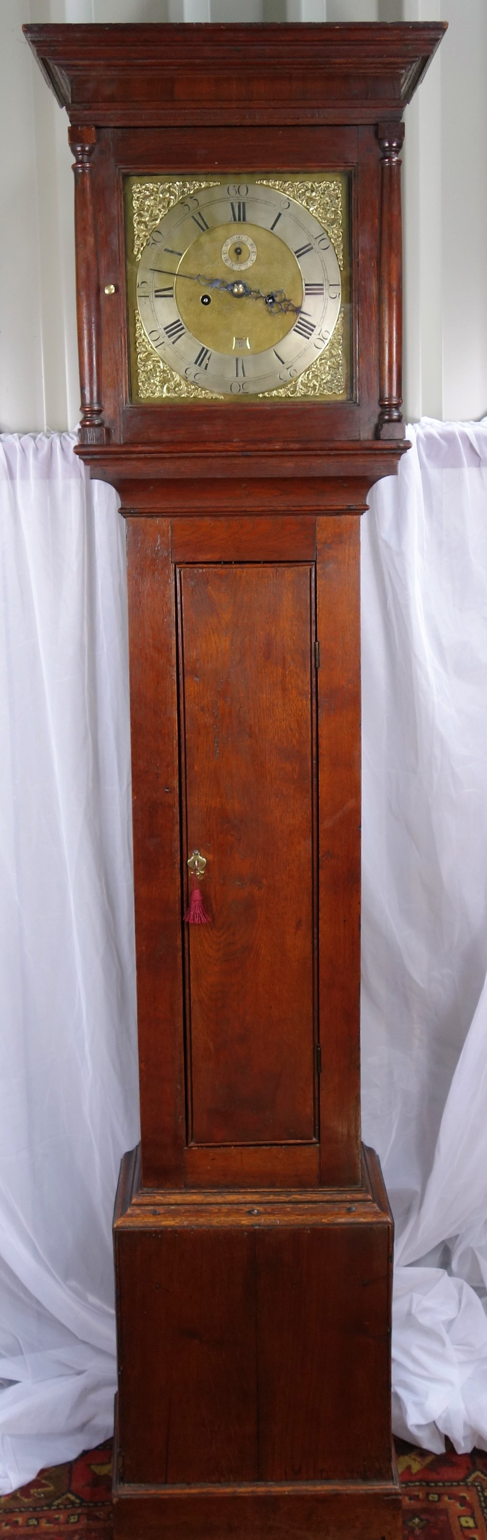 Small Slim Early 18th/ Georgian ( George II ) Oak Cased Brass Dial 8 Day Grandfather or Long Case (Longcase) Brass Dial 8 Day Clock