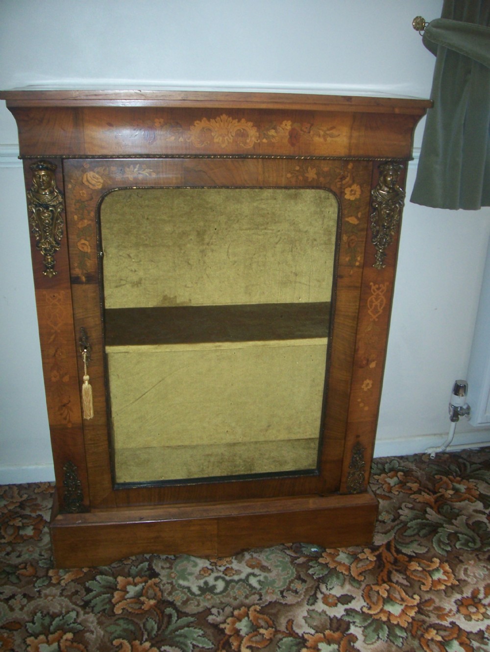 Victorian Figured Walnut Pier or Display Cabinet with floral inlay