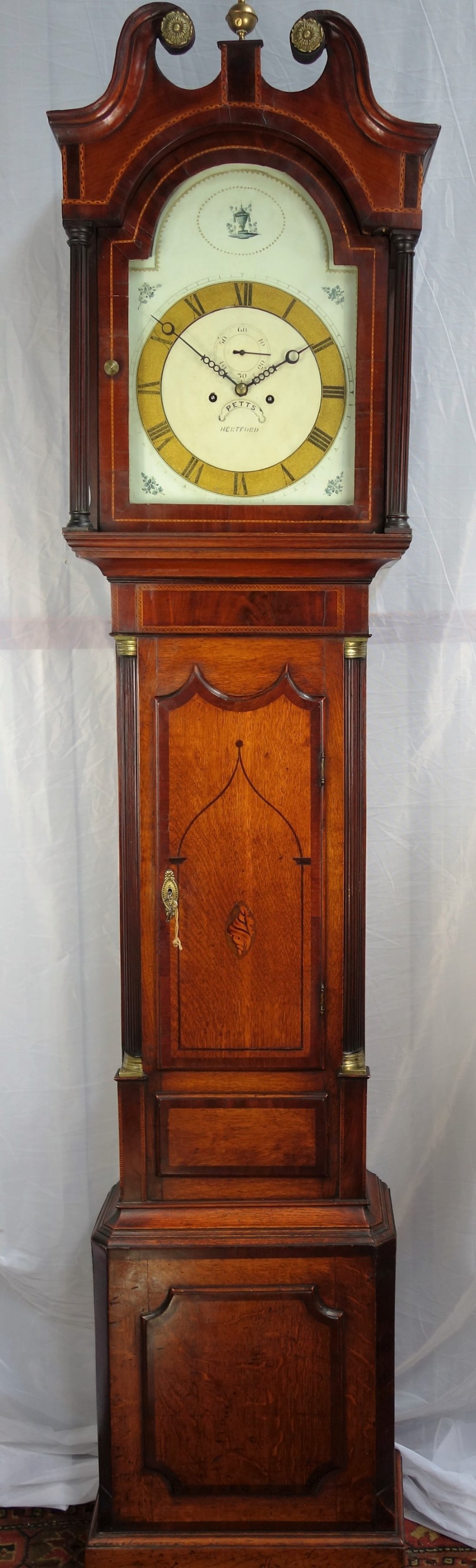 MID 19TH CENTURY OAK & MAHOGANY LONGCASE OR GRANDFATHER CLOCK WITH LONDON REGENCY TENDANCIES BY PETTS OF HERTFORD