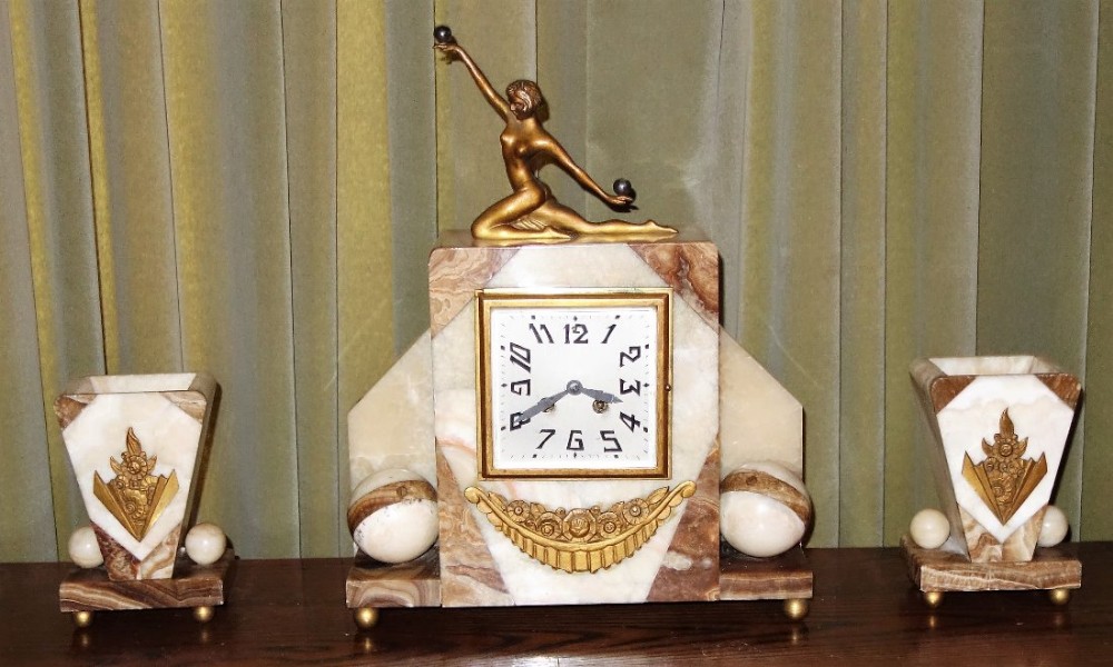 Art Deco Marble French Mantle Clock Surmounted by Bronze Dancing Girl + Vase Garnitures