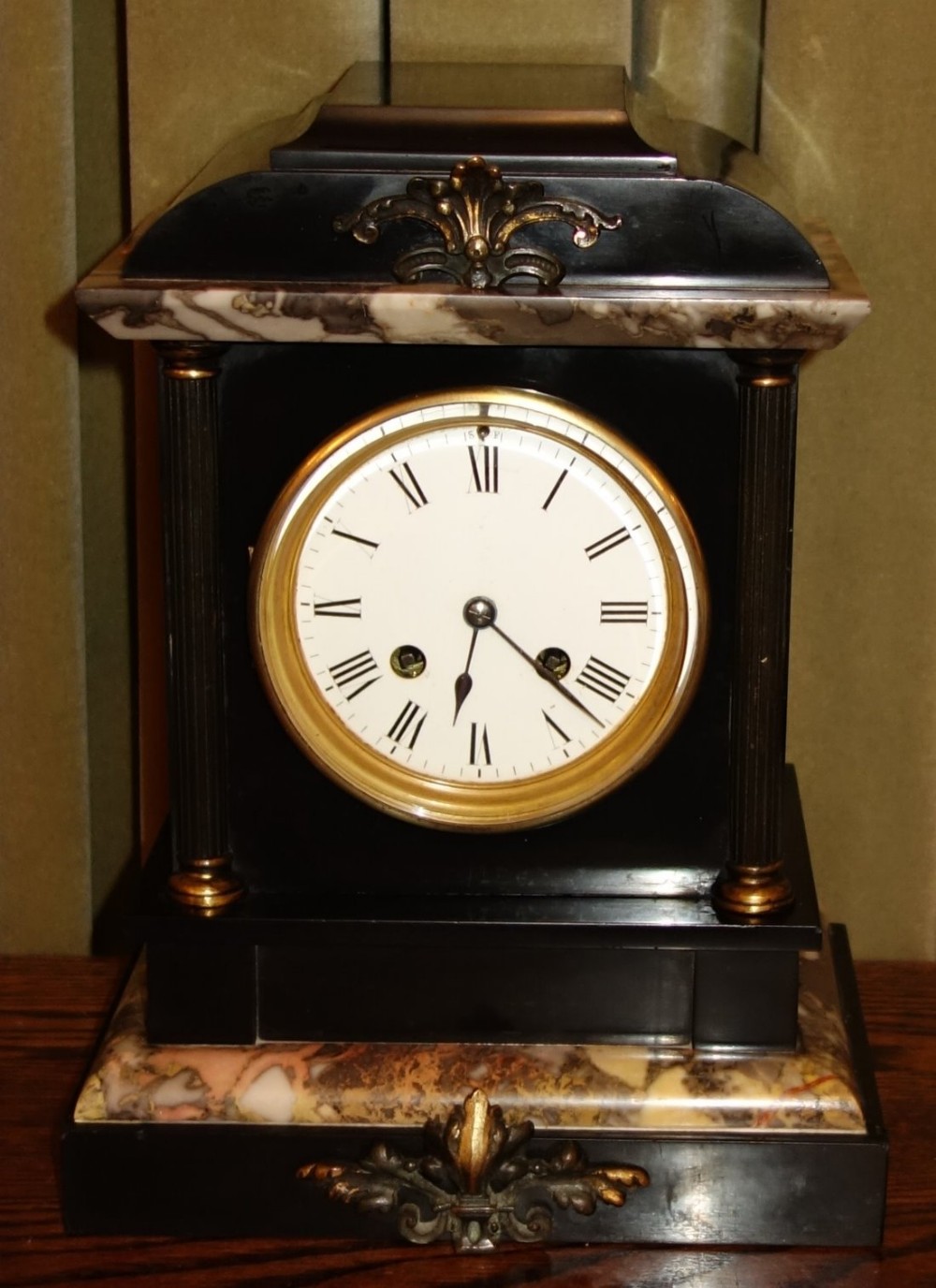 Smart & Classy Slate, Malachite & Gilt Ormolu Cased French 8 Day Bell Striking Clock - Late 19th Century