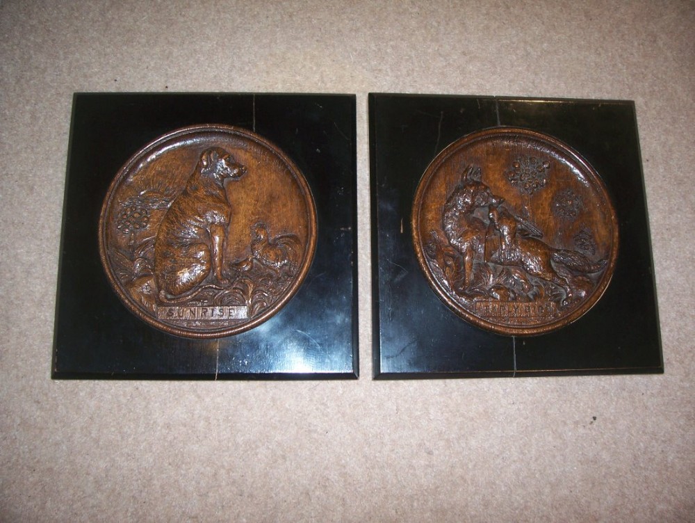 Pair c19th Oak carved plaques
