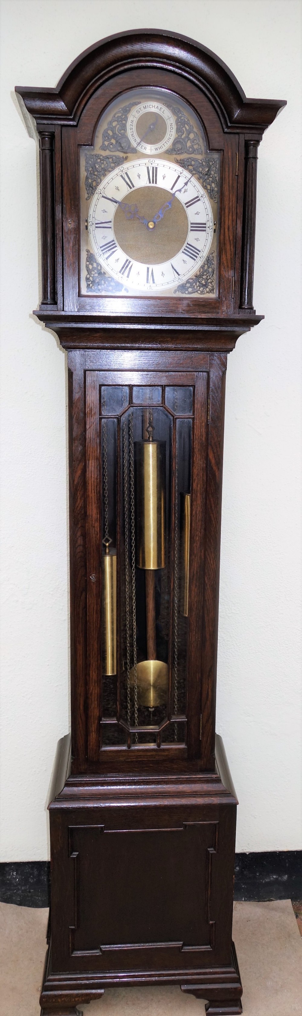 Glass Fronted Edwardian Oak Triple Weight Grandfather Longcase Clock